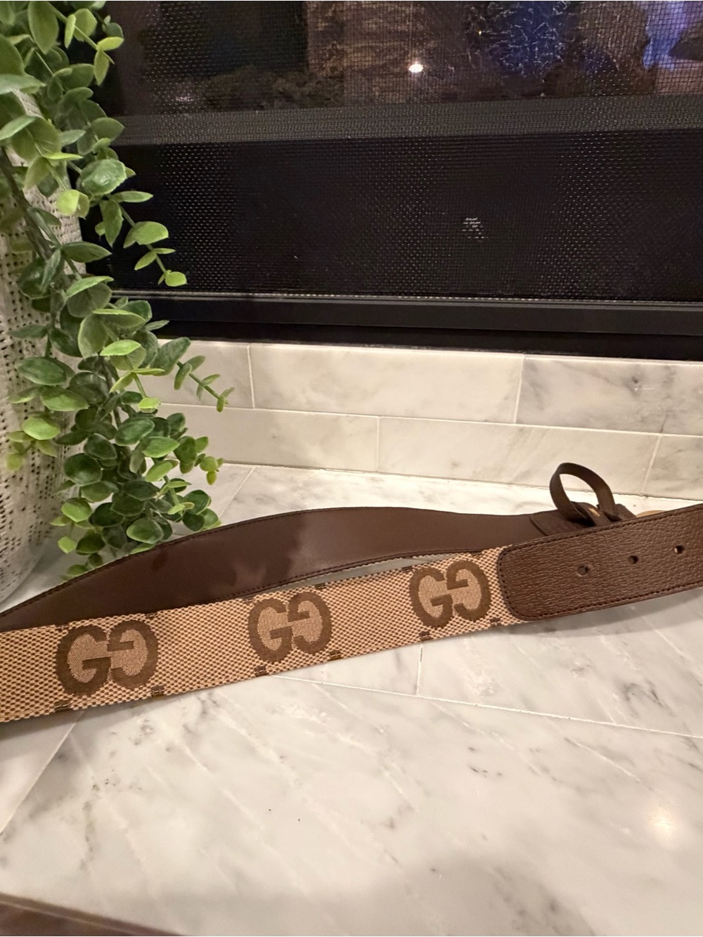 Gucci GG Canvas Belt Gold Marmont Buckle Brown Beige Size 85/34 luxury chic - Picture 4 of 5